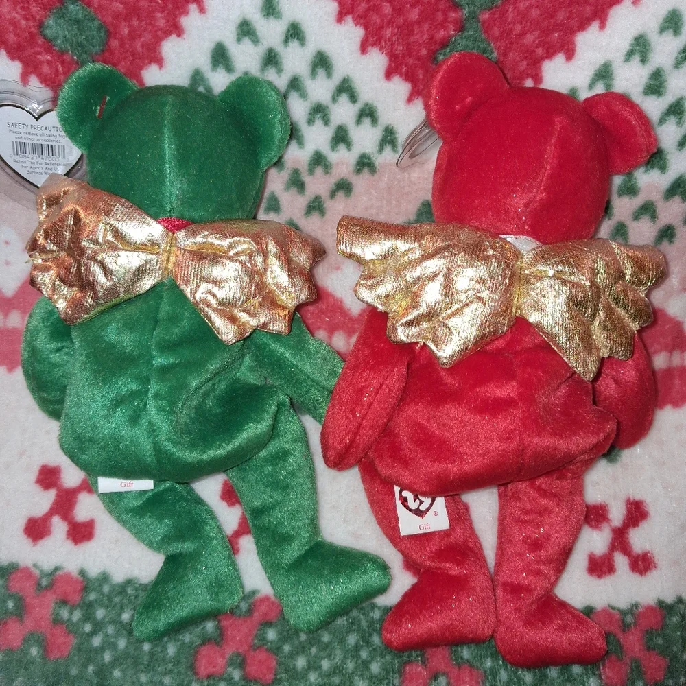 Set TY Beanie Babies Angel Christmas Gift Joy Green Bear Peace Red Bear NWT